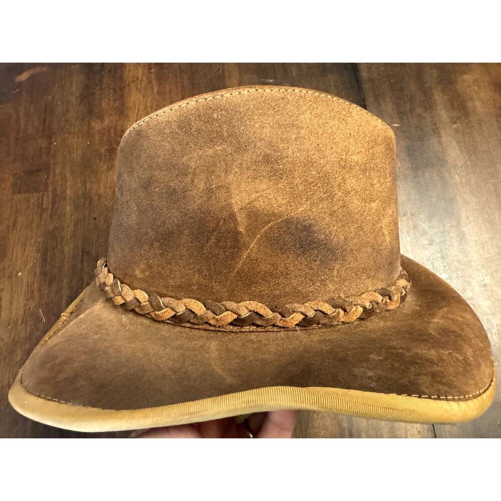 Henschel brown leather walker hat men's medium shapeable brim Made in USA